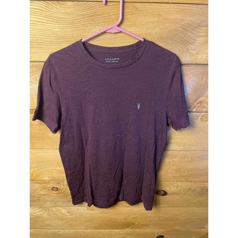 ALLSAINTS Race‎ Tonic Crew Neck T-Shirt Mens Medium Goat Skull Logo Burgundy